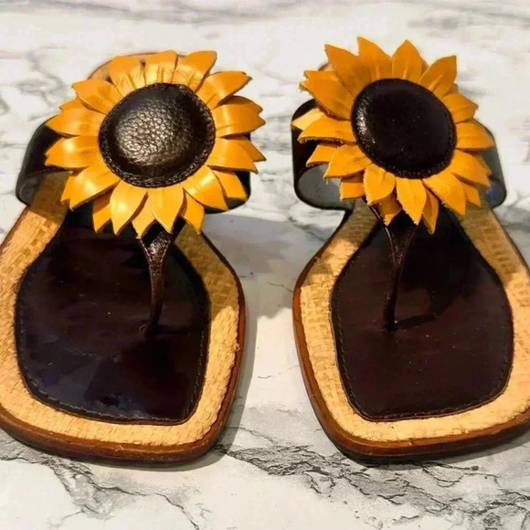 Franco Barbieri Italy Leather Linen Sunflower Hippie Boho Thong  Sandals Sz 7 - Picture 2 of 13